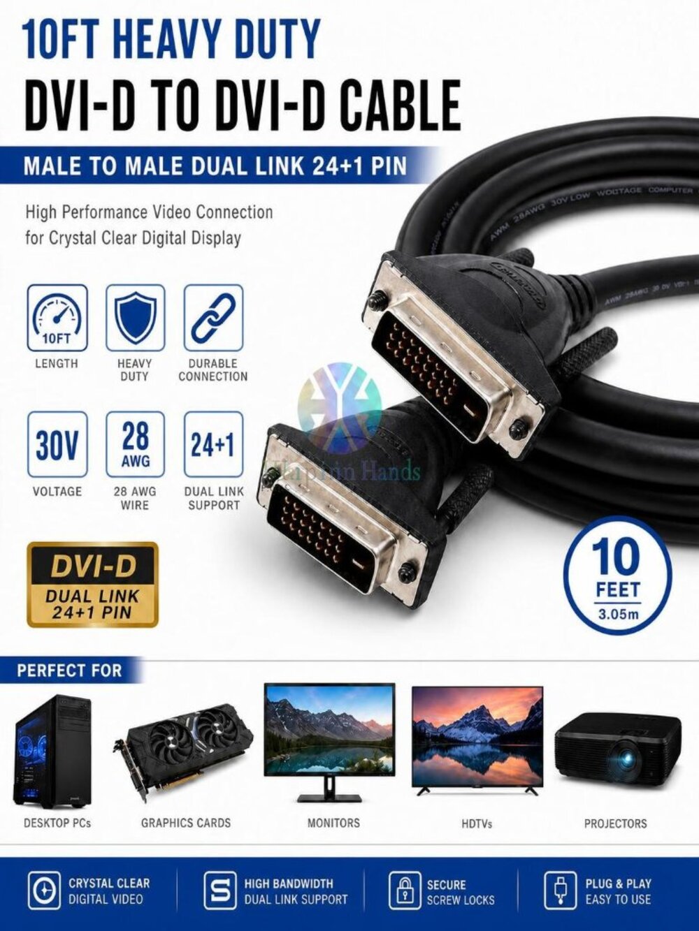 DVI-D to DVI-D Cable Male/Male Dual Link 24+1 Pin PC HDTV Monitor Display Cord